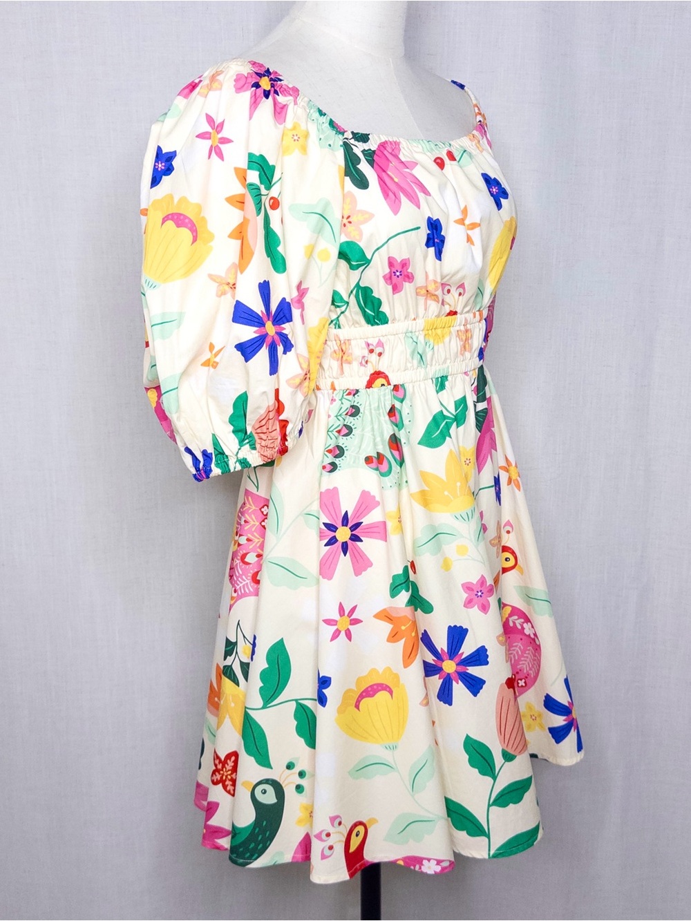 Sincerely Ours Puff Sleeve Resort Mini Dress Tropical Peacock Floral Large - Picture 3 of 15